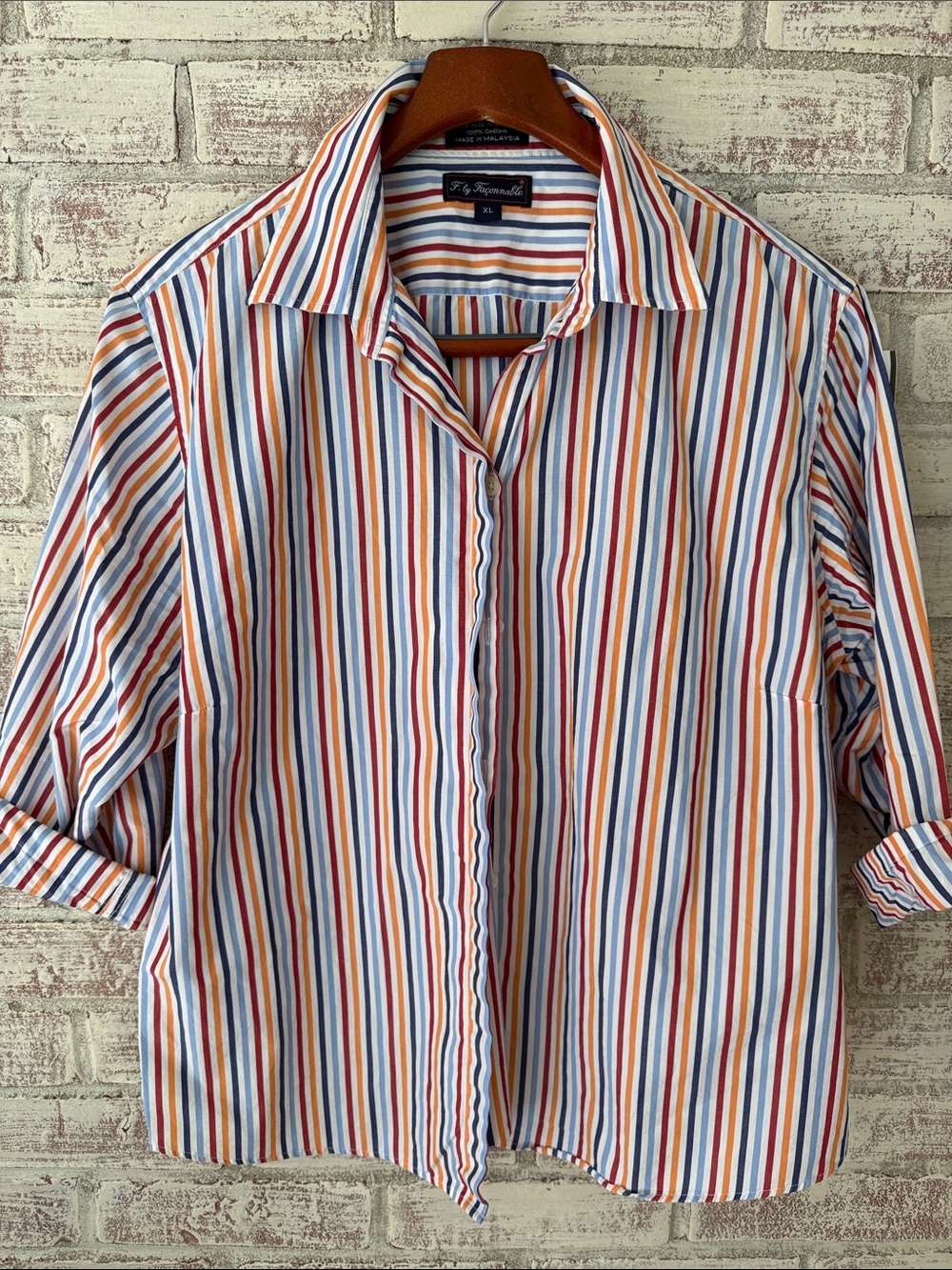 Faconnable Women’s Multi-Stripe Button-Down Shirt in Blue, Red, Orange